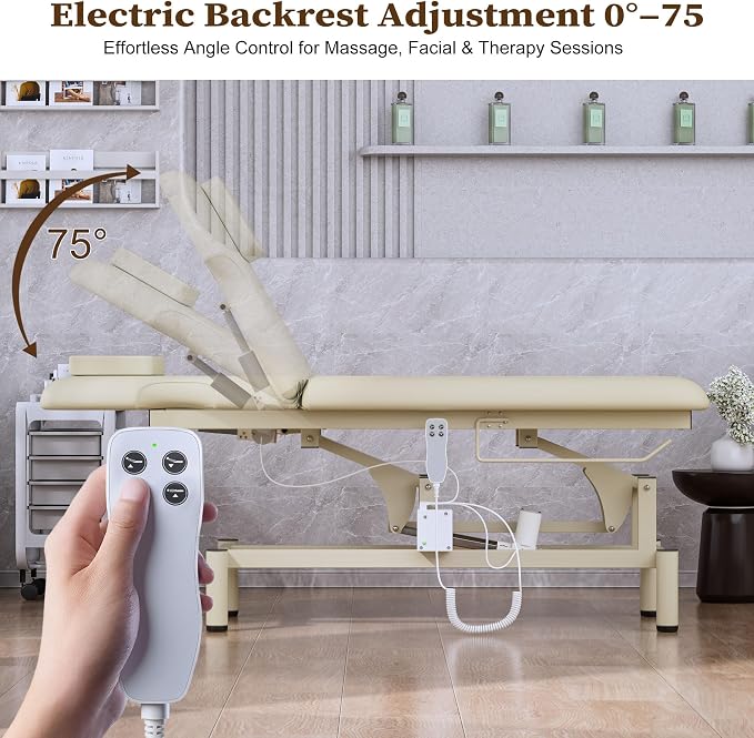 Olela 2 Motor Electric Massage Table, Professional Massage Table with Electric Adjustable Height & Backrest, Wide Treatment Tables with Metal Frame, PU Leather for Massage, Spa, Tattoo