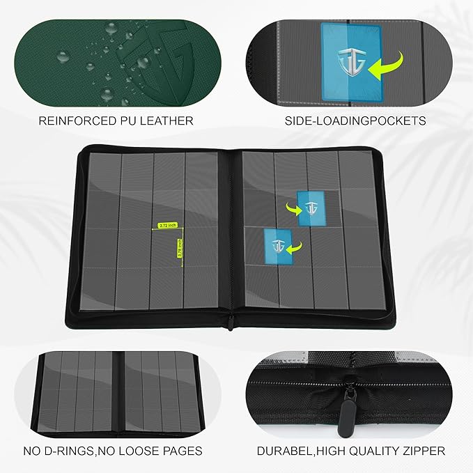 16 Pockets Trading Card Zipper Binder for 1000+ Cards| Secure Side Loading Pockets | Trading Card Album Folder | Compatible with YuGiOh, MTG,Sports Cards (Dark Green 16)
