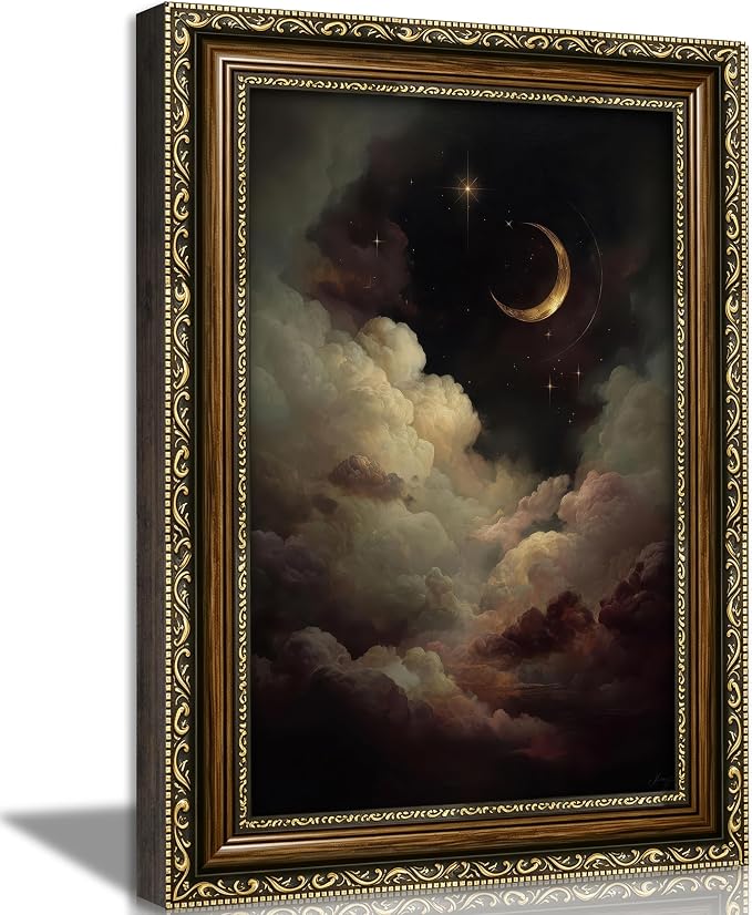 Vintage Gold Framed Crescent Moon Cloud Wall Art, Dark Academia Celestial Starry Sky Oil Painting Print, Antique Ornate Mystical Night Sky Wall Decor, Gothic Cottagecore Home Decor, 9x11in