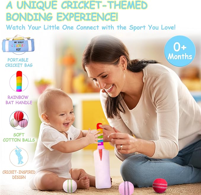 My First Cricket Kit | Cotton Soft Plush Toy | Gift Baby and Infant 0+ Months | 3 Soft Sensory Cricket Balls – Rattle, Crinkle, Squeaker & 1 Rainbow Rattle Cricket Bat | Safe, Fun, Educational