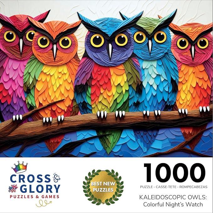 Cross & Glory - Kaleidoscopic Owls: Colorful Night's Watch - 1000 Piece Jigsaw Puzzle for Adults | Vibrant Colors | Satin Finish