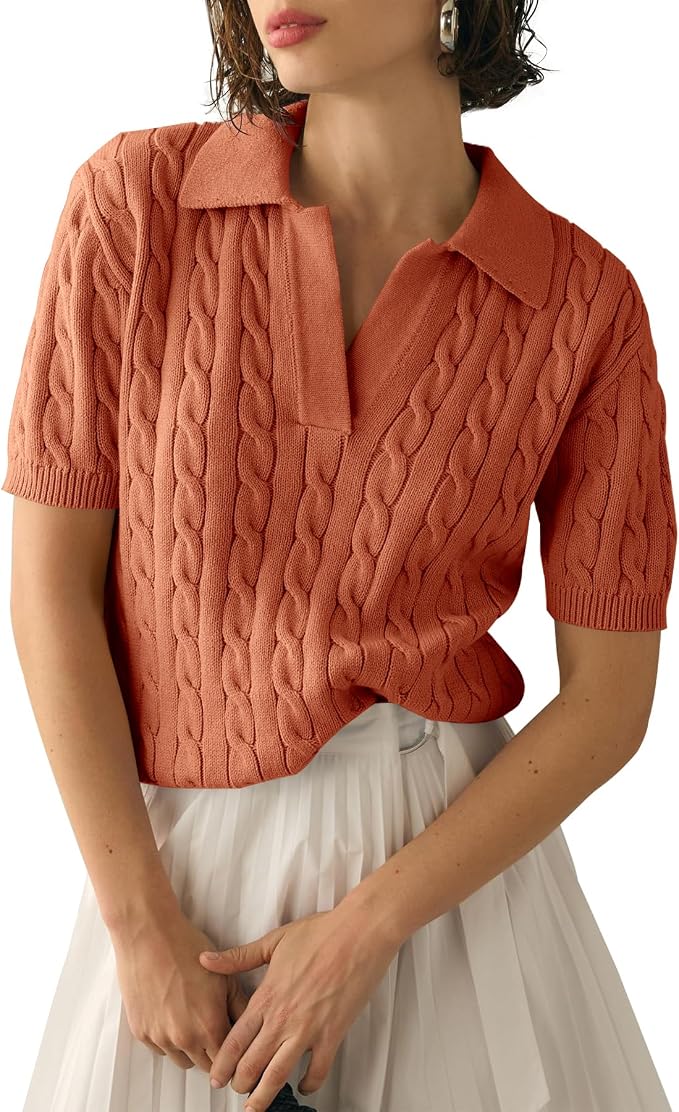 Imily Bela Womens Cable Short Sleeve Sweaters Tops Lapel V Neck Knit Shirt | Solid,Knit Casual,Soft Pullover,Fall Sweaters,Womens Summer Work Tops