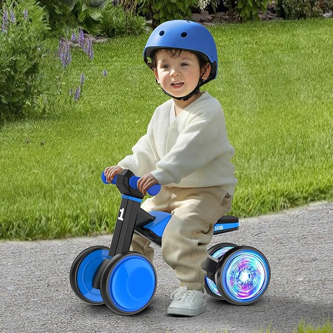 Colorful Lighting Baby Balance Bike Toys for 1 Year Old Boys Gifts, Toddler First Bike 12-24 Months with Adjustable Soft Seat, 4 Silent Wheels Ride on Toy, Perfect First Birthday Gift