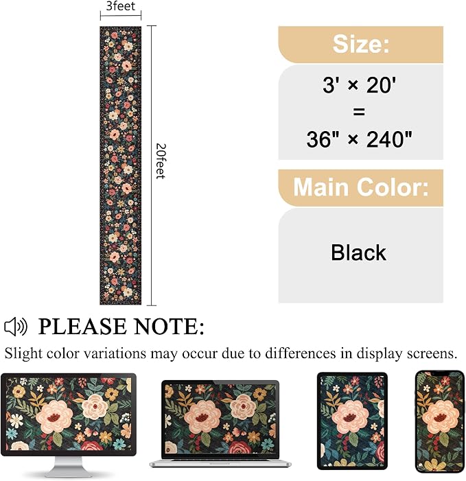 DUKINO 3x20 Runner Rug for Hallway, Floral Washable Long Runner Rug, Black | Non Slip, Low Pile, Indoor Rug Runner for Kitchen, Entryway, Bedroom, Bathroom, Laundry, Pet Friendly, Home Decor, Ultra-Thin