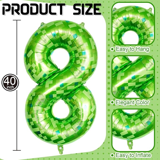 Number 8 Balloons 40 Inch, Gaint Cartoon Lime Green Pixel 8 Balloon Number for Boys 8th Birthday Decorations, Dark Kelly Green Foil 8 Balloon for Kids 8 Year Old Birthday Video Game Golf Party Decor