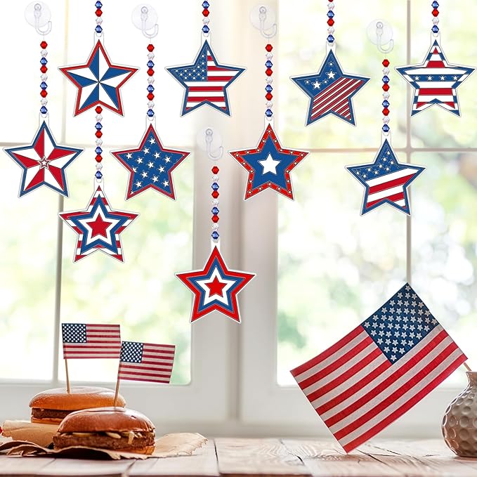 30 Sets Suncatchers Window Art Kits, DIY Sun Catchers Bulk Crafts Paint Your Own Window Ornaments for Boys Girls Classroom Home Party Birthday Activity Decor(Star Independence Day)