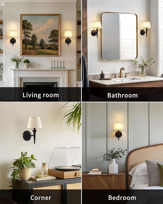KDG Cordless Black Wall Sconces Set of 2, Beige Fabric Lampshde Wall Lamps | Small LED Wireless Portable Rechargeable Battery Lighting for Wall Painting, Living Room, Bedroom, Hallway, Gifts, Nightlight