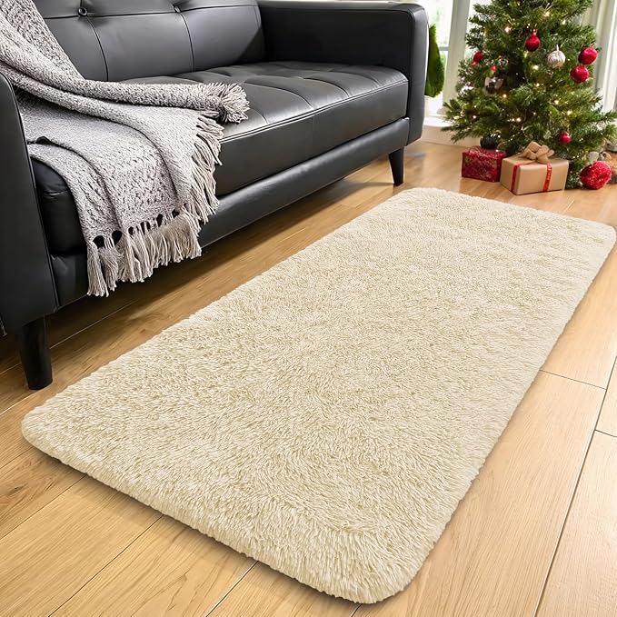 OLANLY 2x5 Machine Washable Runner Rugs for Hallway, Soft Fluffy Shaggy Bedside Rugs for Bedroom, Living Room, Indoor Floor Carpet for Kids Girls and Boys, Nursery Rooms, Home Decor Aesthetic, Cream