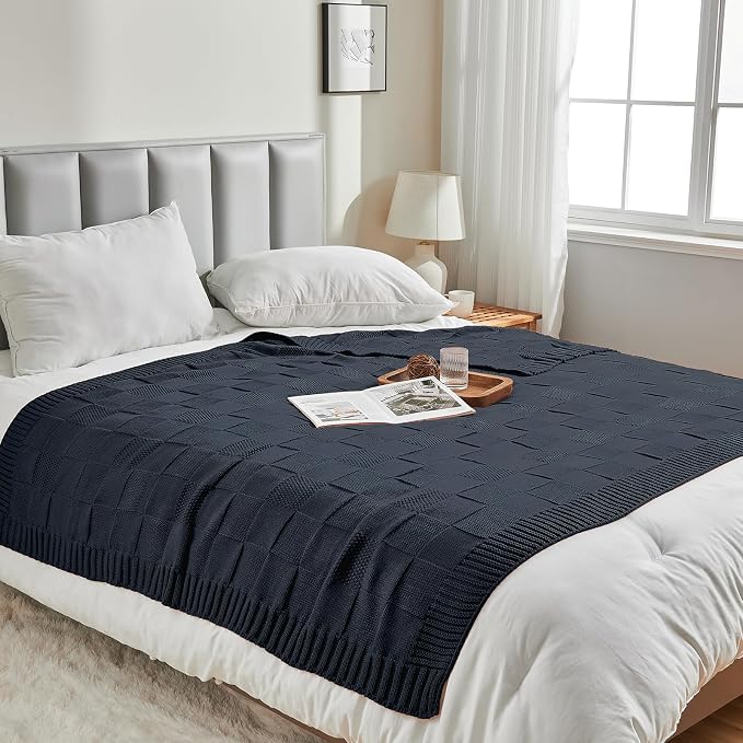 CozeCube Navy Blue Knitted Checkered Throw Blanket 50"X60" | Check Knit Throw for Couch, Decorative Christmas Soft Cozy Warm Blanket for Bed Sofa Living Room
