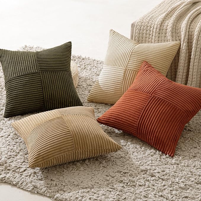 MIULEE Rust-Olive Green Decorative Throw Pillow Covers 20x20 Inch Set of 4 Boho Color-Clash Cushion Cases Farmhouse Pillow Cases Corduroy Striped Home Decor for Couch Sofa Living Room Bed