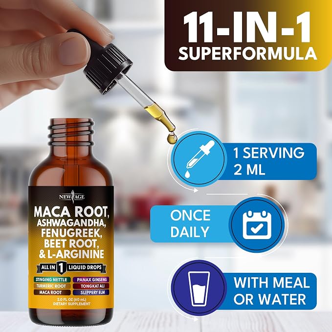Organic Maca Root Liquid Drops with Ashwagandha, Nettle, Fenugreek, Beet Root and L-Arginine Liquid Multivitamin for Women and Men