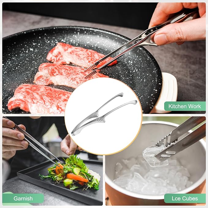 M METERXITY 5 Pcs Korean and Japanese BBQ Tongs 10 Inch Barbecue Tongs 304 Stainless Steel Kitchen Self-Standing Grill Non-Slip for Grill/Salad/Camping/Cooking [Silver]