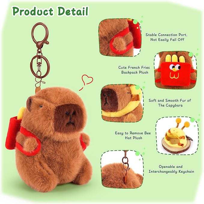 Achwishap 2PCS Capybara Plush Keychain,Cute Keychain Capybara Stuffed Animal,Soft Capybara Plush Toys Key Chain,Kawaii Plushie Stuffed Toys for Kids Adults(French Fries Backpack,Bee Hat)