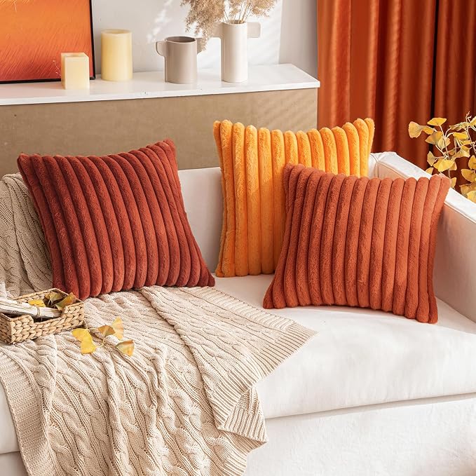 MIULEE Fall Faux Fur Lumbar Decorative Throw Pillow Covers 12x20 Rust | Set of 2, Vintage Boho Fall Modern Soft Plush Couch Pillows, Cozy Fluffy Cushion Covers for Sofa Bed Living Room Home Decor