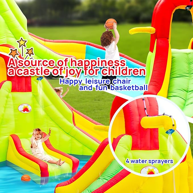 Heavy Inflatable Water Slide Park, Double Slide Climbing Wall Fountain for Outdoors, Equipped with Air Blower
