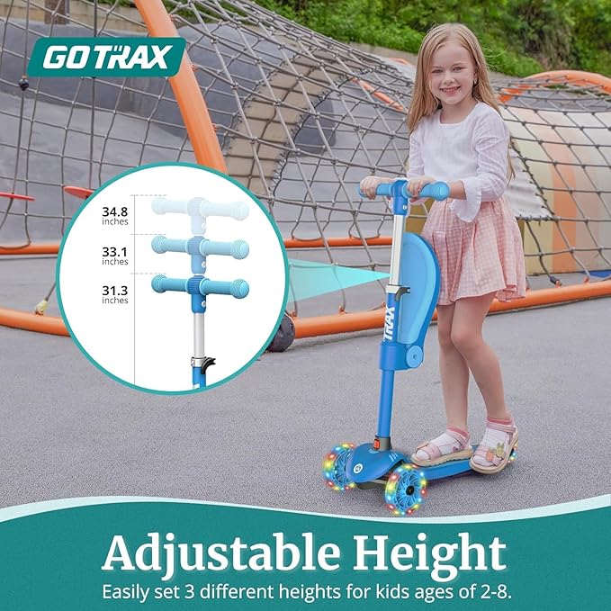 Gotrax KS3 Kids Kick Scooter, LED Lighted Wheels, Adjustable Height Handlebars and Removable Seat, Lean-to-Steer & Widen Anti-Slip Deck, 3 Wheel Scooter for Kids Ages 2-8 and up to 110 Lbs