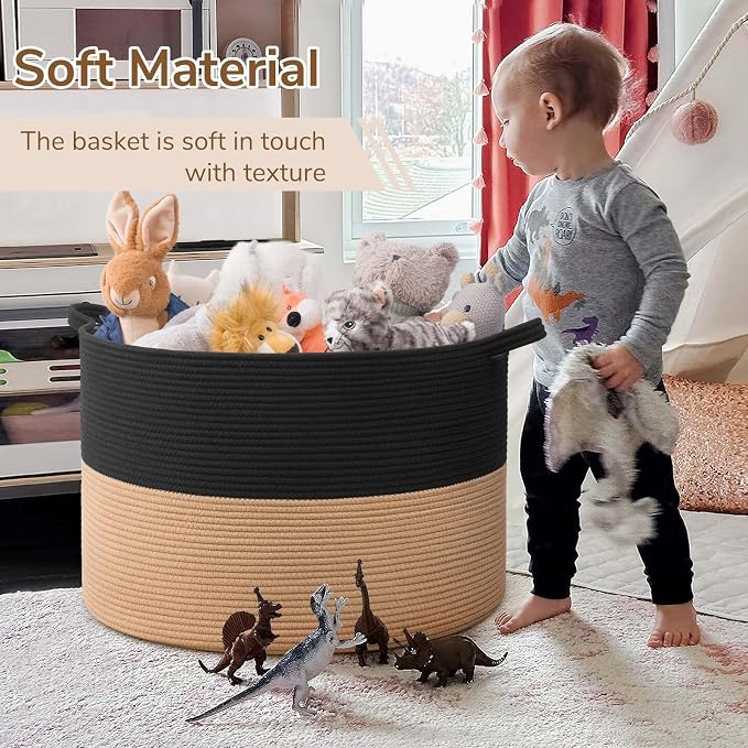 INDRESSME 115L Extra Large Woven Rope Blanket Basket Living Room BlackCamel | 23.6" x 15.7" Storage baskets for toys laundry & pillows. Fits living room, bedroom or nursery décor. Soft-touch with handles