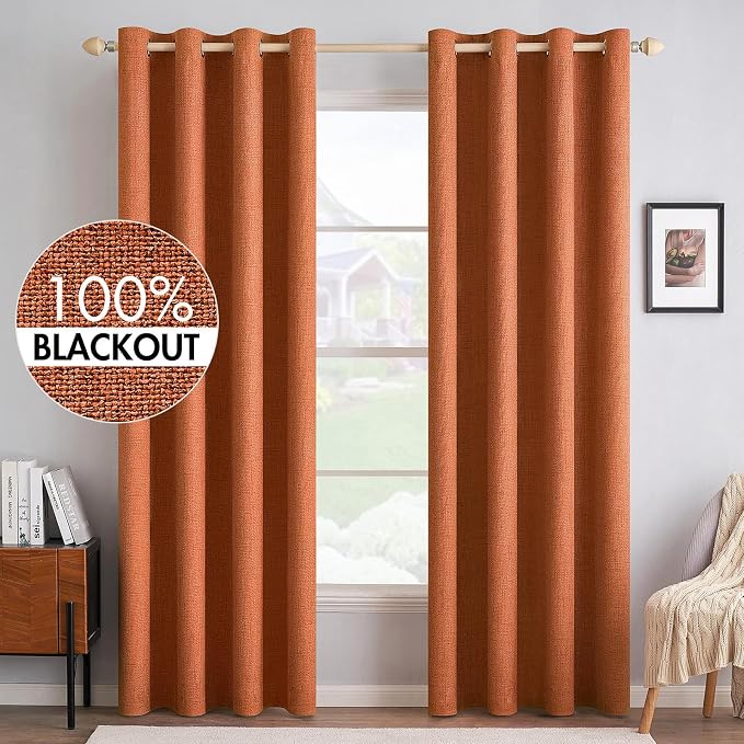 MIULEE Linen Curtains for Bedroom 100% Blackout Thermal Insulated Orange Grommet Room Darkening Curtains & Drapes Fall Decor for Living Room 52 x 90 Inch (2 Panels)