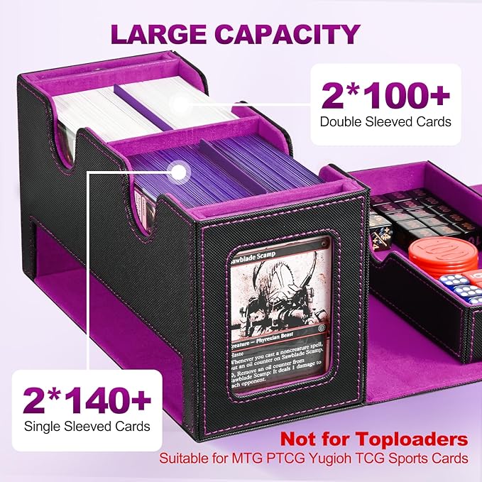 UAONO Card Deck Box for MTG, Double Card Storage Box with 2 Commander Display & 1 Dice Tray, Fits 200+ Double Sleeved Cards, Organizer for CCG TCG Sports Cards (Black Purple)