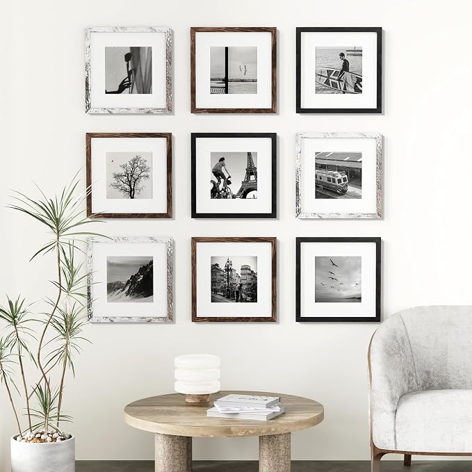 Vittanly 12x12 Picture Frames Set of 9, Black&Brown&Distressed White | Display Pictures 8x8 with Mat or 12x12 without Mat for Wall Mounting, Square Photo Frames for Home Decor, Engineered Wood