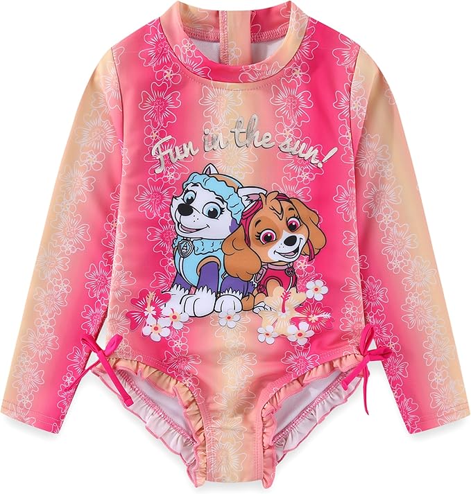 Paw Patrol Nickelodeon Girls UPF 50+ One Piece Long Sleeve Rash Guard Bathing Suit for Toddler and Big Kids