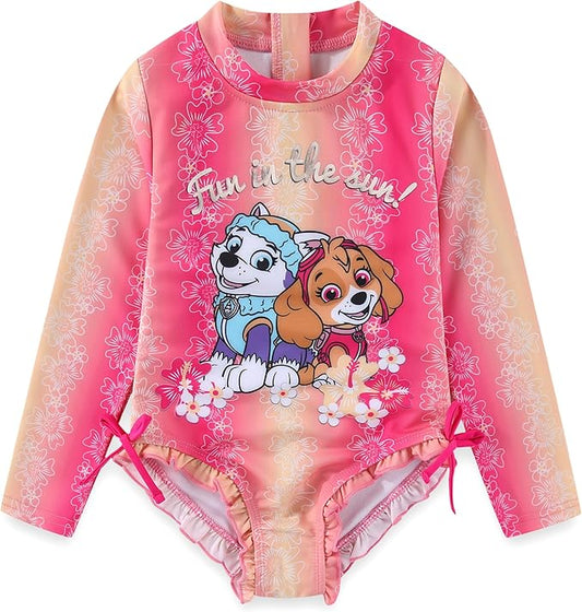 Paw Patrol Nickelodeon Girls UPF 50+ One Piece Long Sleeve Rash Guard Bathing Suit for Toddler and Big Kids