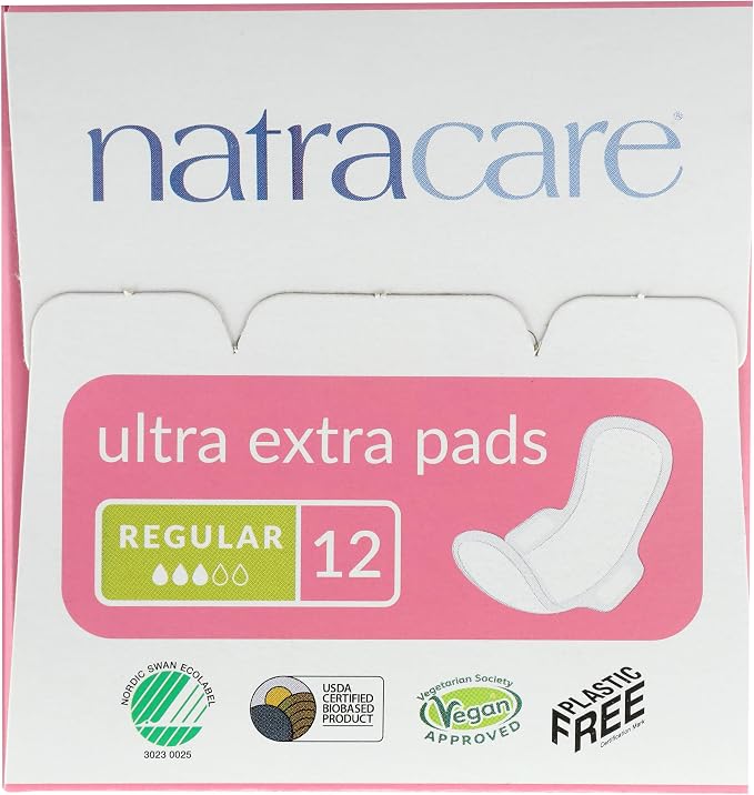 Natracare Ultra Extra Pads with Wings, Regular, Individually Wrapped, Made with Certified Organic Cotton, Ecologically Certified Cellulose Pulp and Plant Starch (1 Pack, 12 Pads Total)