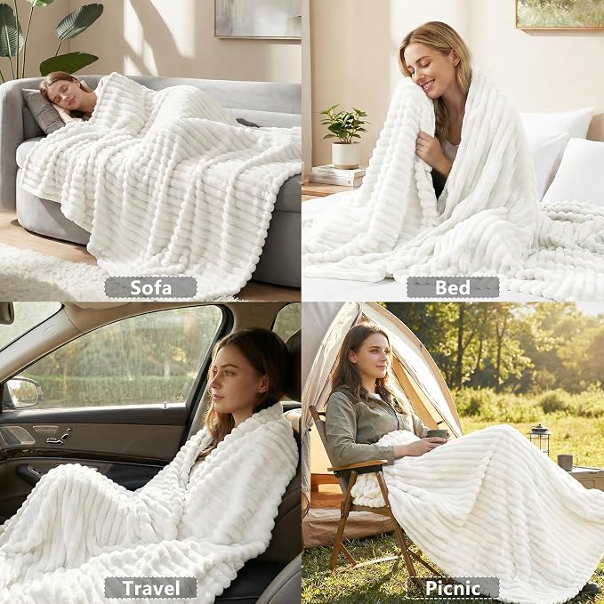HIMEET Off White King Blanket for Bed, 300GSM Ribbed Fleece, 108 x 90 in | Ultra Soft Flannel, All-Season Lightweight Warmth, Generous Bed Coverage & Home Decor, Gift for Men & Women, Machine Washable