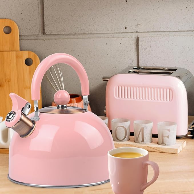 2.6 Quart Pink Whistling Tea Kettle for Stovetop, Stainless Steel Teapot with Cool-Touch Handle, Loud Whistle, Wide Base, Induction Compatible for Gas Electric Glass Cooktops