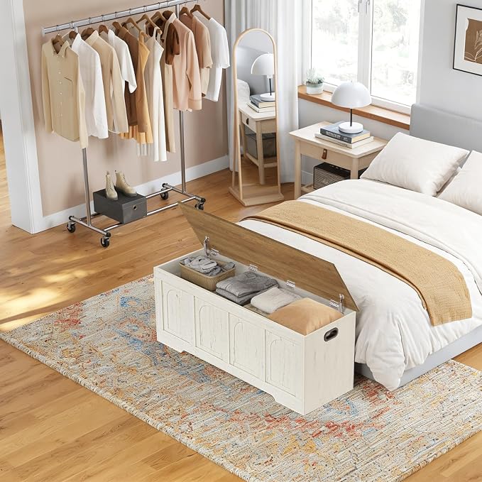 Storage Chest, Wooden Toy Box, Honey Brown & Rustic White 47.2" L | Farmhouse Storage Bench, 2 Soft-close Hinges, Finger-safe Flip-Top Lid, Easy Assembly, Extra Large Trunk, Living Room/Bedroom
