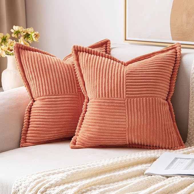 MIULEE Decorative Throw Pillow Covers for Couch 18x18 Inch Coral Red 2 Pack | Boho Broadside Striped Patchwork Pillow Covers, Soft Corduroy Cushion Cases, For Sofa Bed Livingroom Home Decor