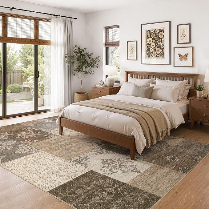 UERMEI 5x7 Area Rug for Living Room, Washable Brown Modern Geometric Patchwork Non Slip Stain Resistant Low Pile Foldable Carpet for Bedroom Dining Farmhouse Home Office
