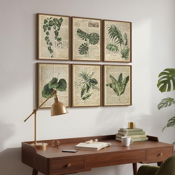Framed Vintage Botanical Wall Art, Set of 6 Green Leaf and Fern Canvas Painting Prints, Rustic Farmhouse Plant Artwork for Living Room Bedroom Kitchen Dining Room Office Apartment Decor, 11x14 Inch