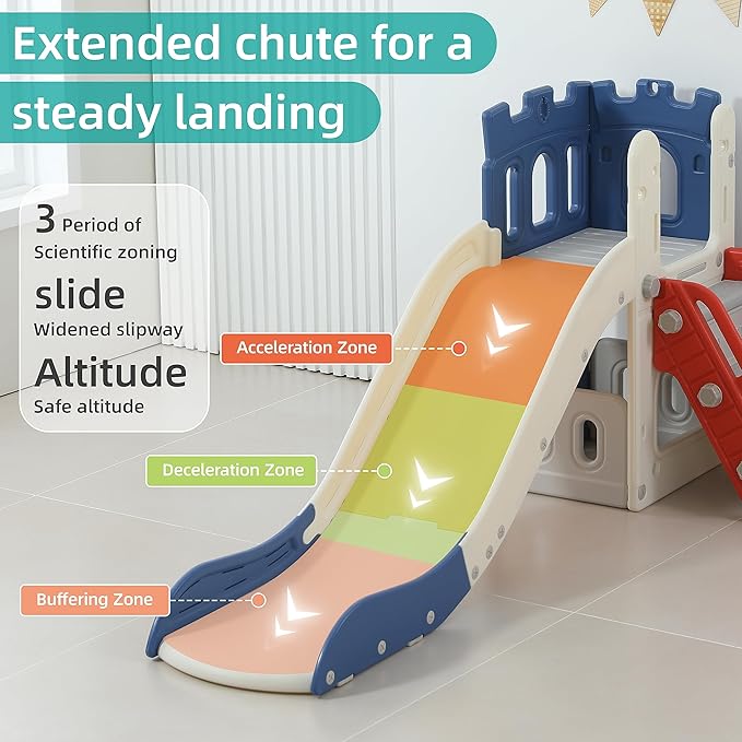 5 in 1 Toddler Slide, Extra-Long Kids Slide for Toddlers Age 1+ with Basketball Hoop and Ball, Storage Space, Indoor Outdoor Slide Playset Toddler Playground Climber Playset, Colourful