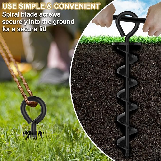 Eurmax USA 4 Pack Heavy Duty Ground Stakes,Industrial Grade Spiral Steel Screw-In Anchors with 4 Bonus Tie-Down Ropes,High Wind Stabilizing Kit for Trampolines,Dog Tie-Out,Canopies,Outdoor Sheds,Black