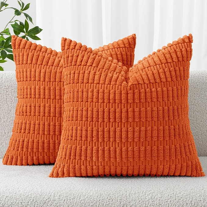 MIULEE Euro Sham Fall Corduroy Decorative Throw Pillow Covers 22x22 Orange | Pack of 2 Soft Boho Striped Pillow Covers Modern Farmhouse Autumn Home Decor For Sofa Living Room Couch Bed