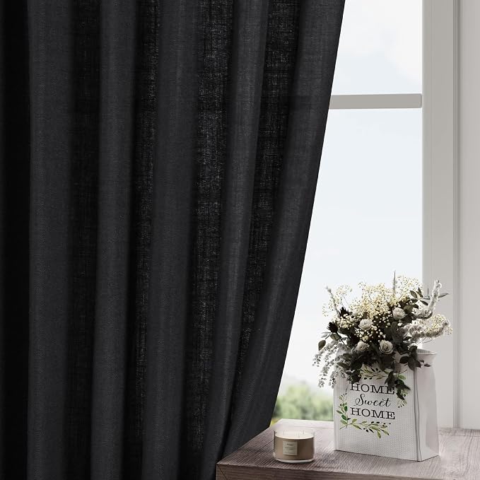 Nanspring Black Curtains 95 Inches Long 2 Panel Set Back Tab Sheer Black Linen Curtain Modern Farmhouse Muslin Look Cotton Textured Gauze Drapes 95 inch Length for Patio Sliding Door Office Bedroom