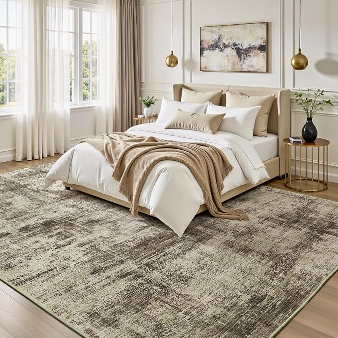 9x12 Area Rug for Living Room, Abstract Washable Non-Slip Large Rugs, Brown | Neutral Carpet for Bedroom, Dining Room, Home Office, Nursery,Indoor, Stain Resistant, Non-Slip, Low Pile, Modern Rug