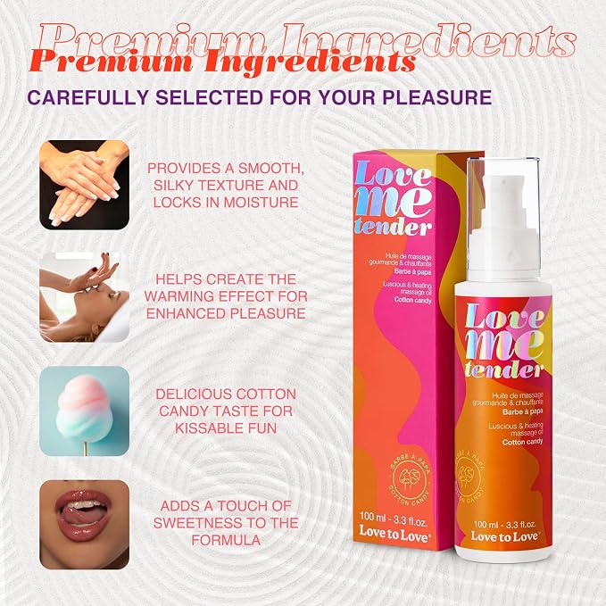 Love Me Tender Cotton Candy Warming Massage Oil, Hydrating and Luscious, Kissable Flavored Intimate Oil for Couples, Sensual Massage, Romantic Date Night, Essential Intimacy Items 3.3 fl oz