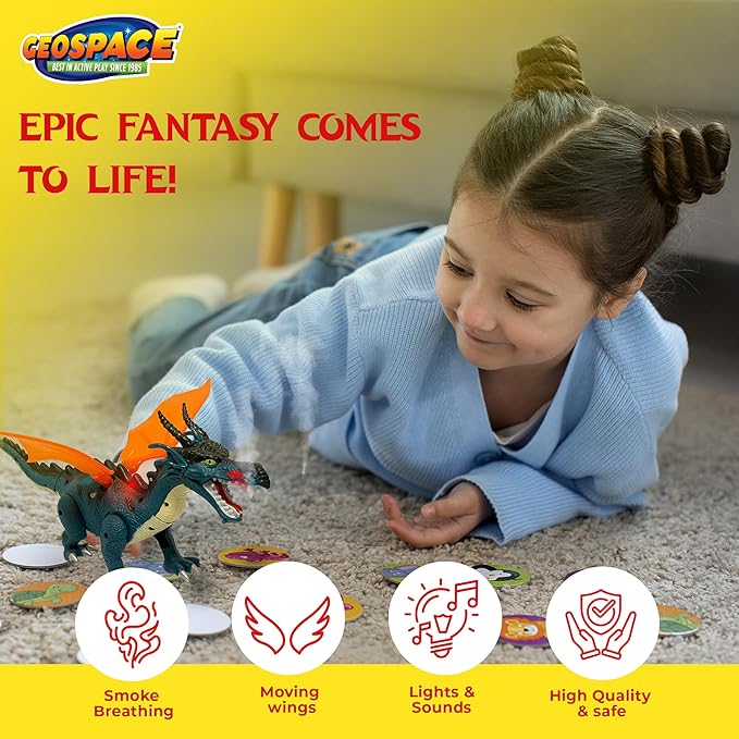 Geospace New Dragon Walking Dinosaur Toy – Smoke Breathing Fire Dragon Toy for Kids 3 & up, Walking Dinosaur Toys with Lights, Roaring Sound, Dragons Action Figure, Dragons for Gift (Blue)