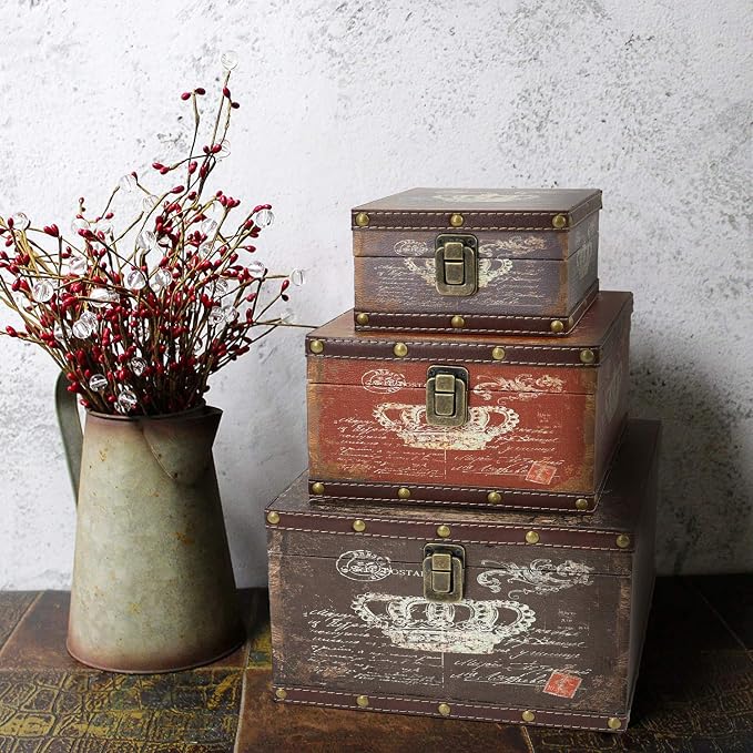 Jolitac Wood Storage Box Set of 3, Vintage Decorative Nesting Boxes Wooden Treasure Storage Crates With Latch, Home Decor Rustic Antique Boxes With Lid for Photos, Jewelry, Cash (Crown)