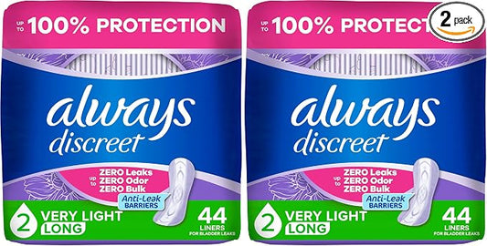 Always Discreet Adult Incontinence & Postpartum Liners for Women, Size 2, Very Light Absorbency, Long Length, 44 Count (Packaging May Vary) (Pack of 2)
