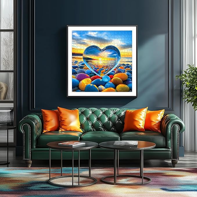 500 Piece Jigsaw Puzzle for Adults - Heart of Glass: Sunset Beach with Colorful Pebbles, 20x20 Inch Unique Art Puzzle, Challenging Hard Difficult Puzzles for Adults