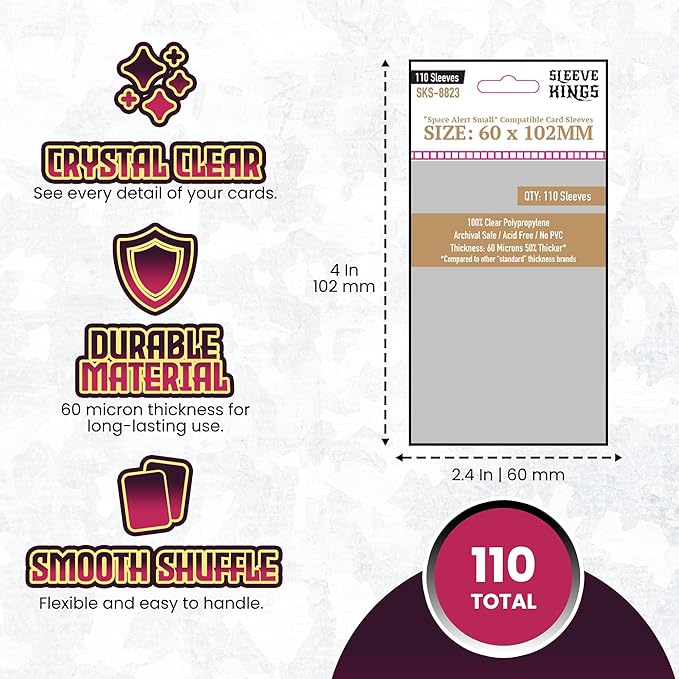 Sleeve Kings Space Alert Compatible Card Sleeves 60x102mm (110 Pack) – 60 Micron Thick, Anti-Split Protection, Extra Clear, More Sleeves Per Pack, Board Game Card Protection - SKS-8823
