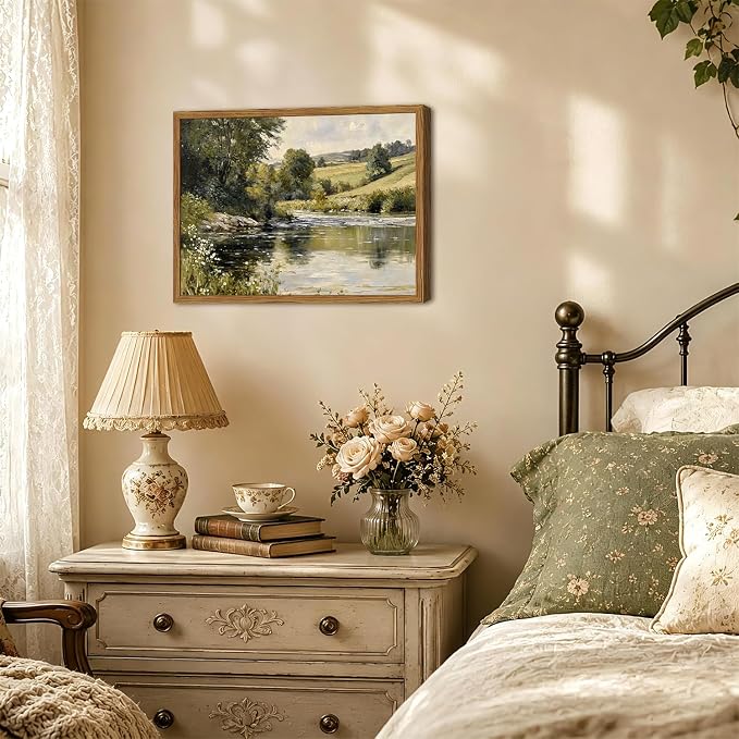 Framed Vintage Landscape Wall Art, Country Nature River Pictures Wall Decor, Rustic Field Paintings Canvas Prints Farmhouse Home Decor Aesthetic for Living Room Bedroom Bathroom 12x16 inch