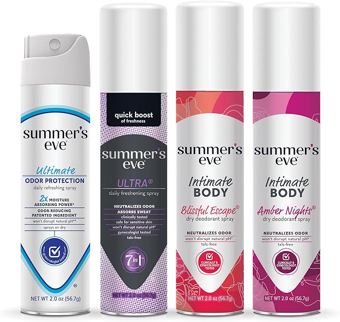 Summer's Eve Ultimate Odor Control Daily Feminine Spray, Odor-Reducing and Moisture-Absorbing Formula, Ultimate Odor Protection, Ultra, Blissful Escape, & Amber Nights; 2 Oz, Pack of 4