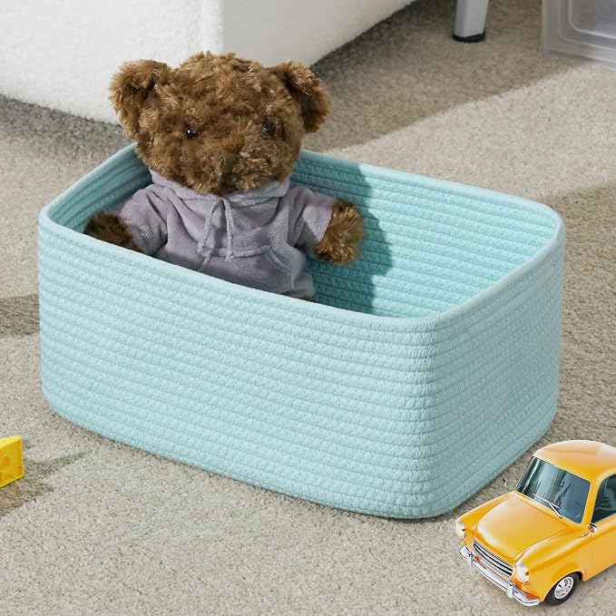 3 Pack Small Storage Baskets for Organizing, 11.8×7.8×5.1", Light Blue | Woven Baskets for shelves, Cotton Rope Basket for Gifts Empty, Closet Organizer Bins with Handles, Cube Decorative Box