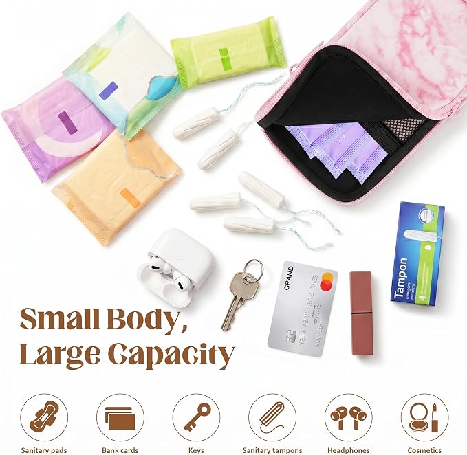 2 Pack Portable Tampon Holder Zippered Pouch with Snap Hook, Waterproof Travel-Friendly Discreet Period Bag, Feminine Products Organizer for Women Purse (Marble)