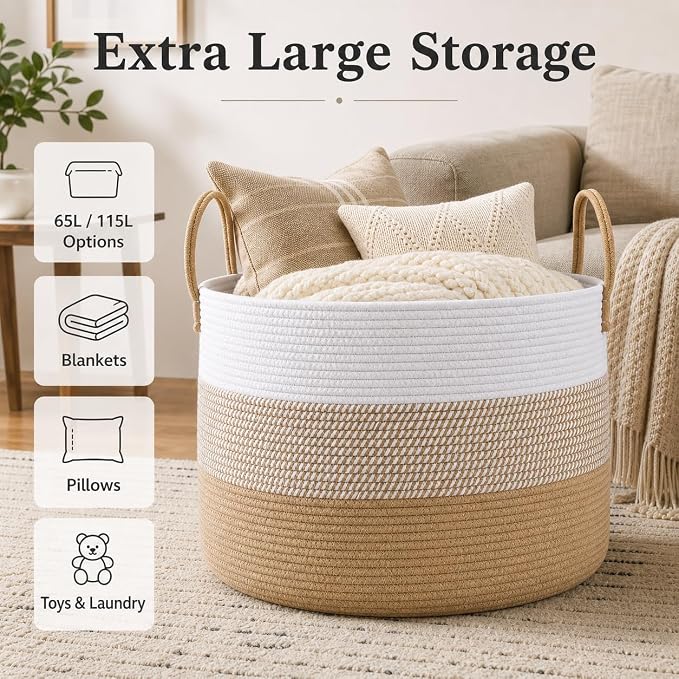 JMvicyroam 65L Extra Large Machine Washable Cotton Rope Blanket Basket | Collapsible laundry hamper, Reinforced handles, For blankets,pillows,toys and clothes, Living room and bedroom,White&Jute Mix