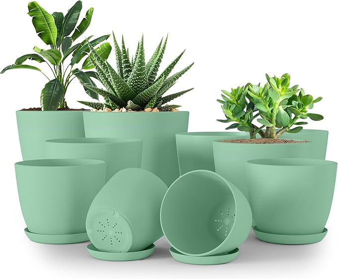 Plant Pots Indoor with Drainage, 10 Pack Multi-Size Planters Set, Mint | Drainage holes included Multiple sizes 7/6.6/6/5.3/4.8 In Indoor plants and flowers Durable plastic construction
